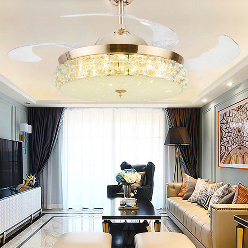 4-Blade LED Bedroom Pendant Fan Lamp Fixture Modern Gold Semi Flush Mount Light with Round Beveled Crystal Shade, 19" Wide Clearhalo 'Ceiling Fans with Lights' 'Ceiling Fans' 'Modern Ceiling Fans' 'Modern' Lighting' 1983375