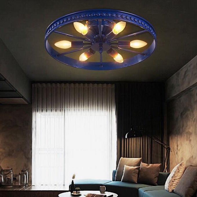 Black/Bronze 6 Heads Semi Flush Ceiling Light Farmhouse Stylish Metallic Wheel Shade Ceiling Lamp for Living Room Blue Clearhalo 'Ceiling Lights' 'Close To Ceiling Lights' 'Close to ceiling' 'Flush mount' 'Industrial Flush Mount' Lighting' 19834
