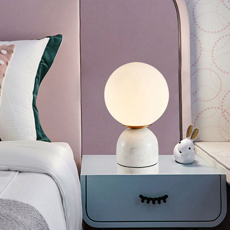Simple Ball Night Stand Light Milky Glass 1 Head Bedside Table Lamp with Black/White/Green Marble Pedestal Clearhalo 'Lamps' 'Table Lamps' Lighting' 1983580