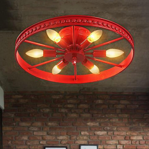 Black/Bronze 6 Heads Semi Flush Ceiling Light Farmhouse Stylish Metallic Wheel Shade Ceiling Lamp for Living Room Clearhalo 'Ceiling Lights' 'Close To Ceiling Lights' 'Close to ceiling' 'Flush mount' 'Industrial Flush Mount' Lighting' 19837
