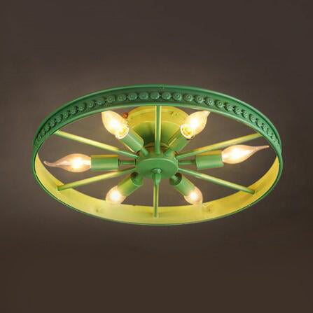 Black/Bronze 6 Heads Semi Flush Ceiling Light Farmhouse Stylish Metallic Wheel Shade Ceiling Lamp for Living Room Green Clearhalo 'Ceiling Lights' 'Close To Ceiling Lights' 'Close to ceiling' 'Flush mount' 'Industrial Flush Mount' Lighting' 19839