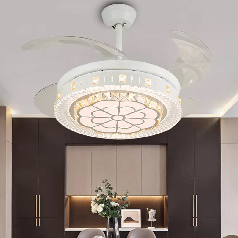 19" Wide White Layered Ceiling Fan Light Modernist LED Crystal Semi Flush Mount, 4 Blades White B Clearhalo 'Ceiling Fans with Lights' 'Ceiling Fans' 'Modern Ceiling Fans' 'Modern' Lighting' 1983948