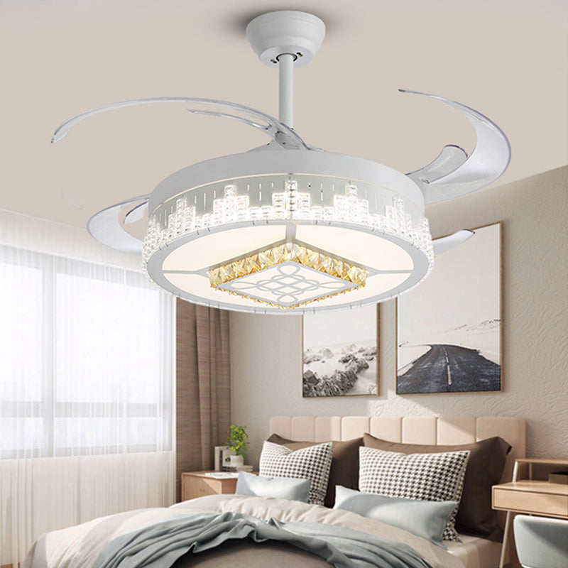 Nordic Round 4-Blade Semi Flush Light Fixture Crystal Living Room LED Hanging Fan Lamp in White, 19