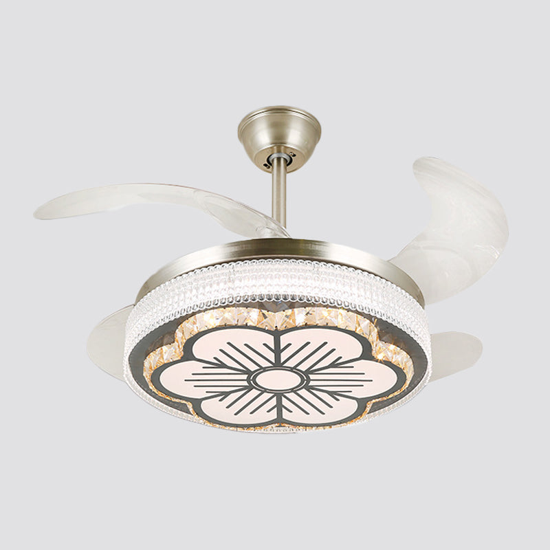 Crystal Tiered 4-Blade Semi Flush Ceiling Light Simplicity LED Hanging Fan Lamp in Silver, 19