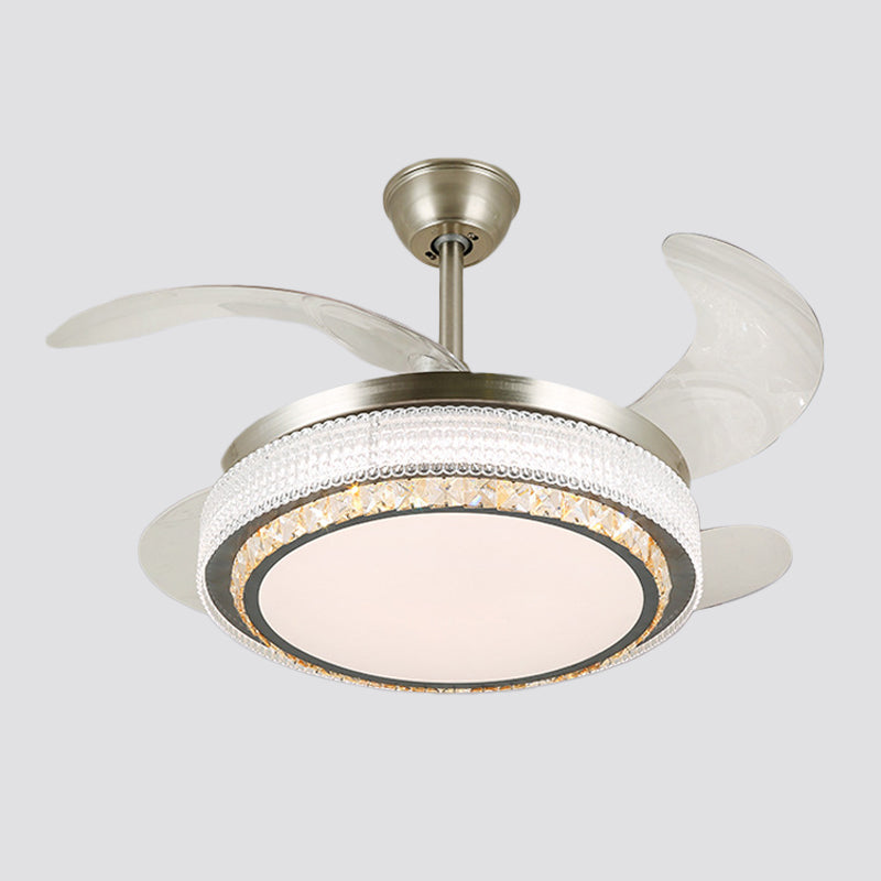 Crystal Tiered 4-Blade Semi Flush Ceiling Light Simplicity LED Hanging Fan Lamp in Silver, 19