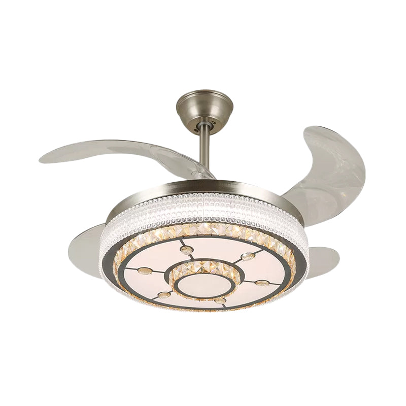 Crystal Tiered 4-Blade Semi Flush Ceiling Light Simplicity LED Hanging Fan Lamp in Silver, 19