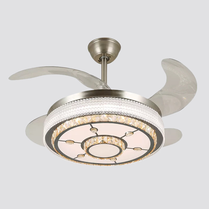 Crystal Tiered 4-Blade Semi Flush Ceiling Light Simplicity LED Hanging Fan Lamp in Silver, 19