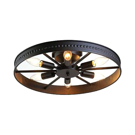 Black/Bronze 6 Heads Semi Flush Ceiling Light Farmhouse Stylish Metallic Wheel Shade Ceiling Lamp for Living Room Black Clearhalo 'Ceiling Lights' 'Close To Ceiling Lights' 'Close to ceiling' 'Flush mount' 'Industrial Flush Mount' Lighting' 19841