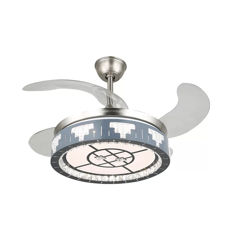 4-Blade Faceted Crystal Round Pendant Fan Light Modernity LED Silver Semi Mount Lighting, 19