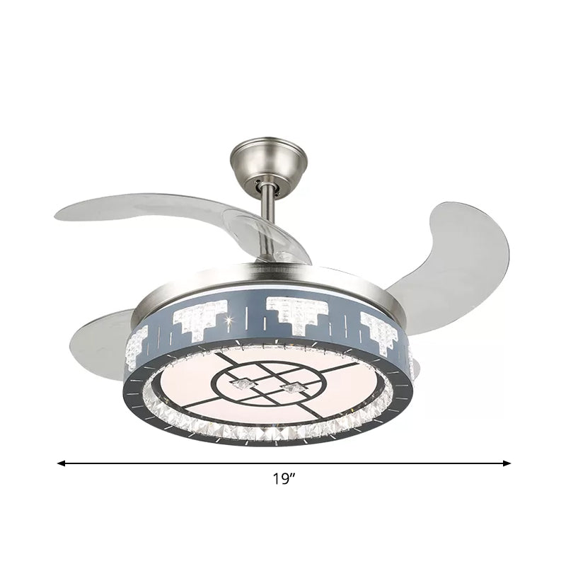 4-Blade Faceted Crystal Round Pendant Fan Light Modernity LED Silver Semi Mount Lighting, 19" Wide Clearhalo 'Ceiling Fans with Lights' 'Ceiling Fans' 'Modern Ceiling Fans' 'Modern' Lighting' 1984112