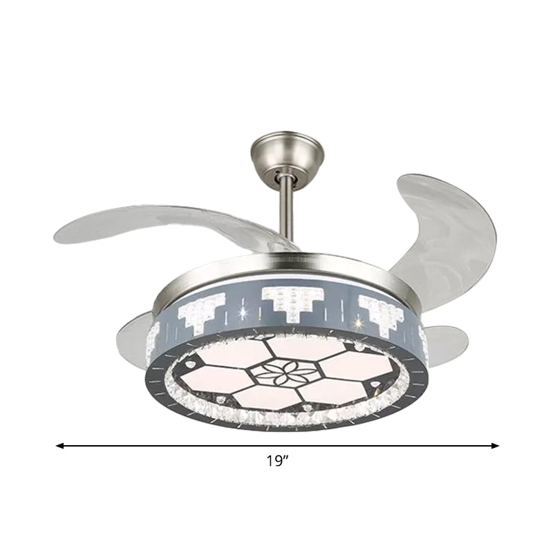 4-Blade Faceted Crystal Round Pendant Fan Light Modernity LED Silver Semi Mount Lighting, 19