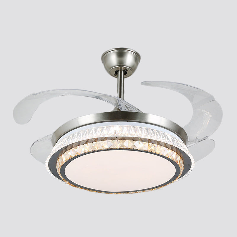 Silver Layered 4 Blades Semi-Flush Mount Modernism LED Crystal Pendant Fan Light Fixture, 19" Wide Clearhalo 'Ceiling Fans with Lights' 'Ceiling Fans' 'Modern Ceiling Fans' 'Modern' Lighting' 1984144