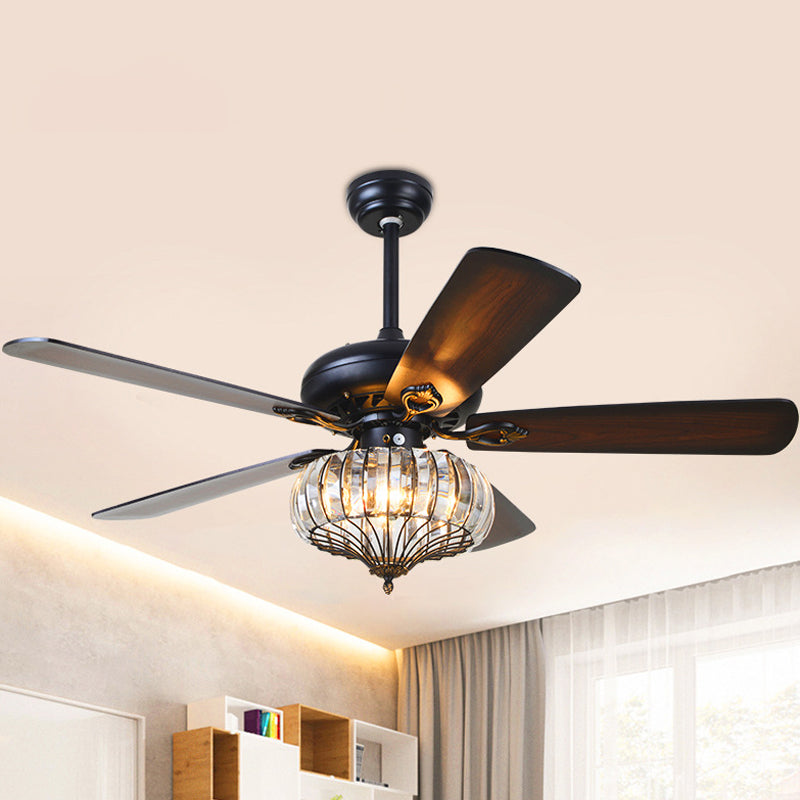 5 Blades Black Round Shaped Semi Flush Light Rustic Beveled Crystal Living Room LED Ceiling Fan Lamp, 52