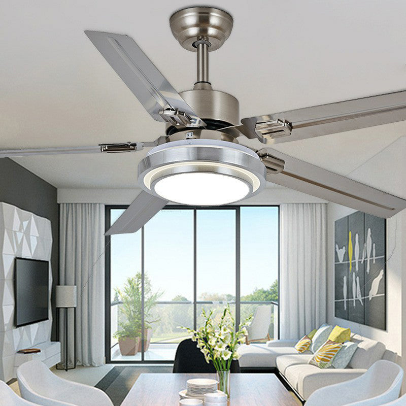 5-Blade Nickel Round Semi Mount Lighting Classic Metal LED Bedroom Hanging Fan Lamp Fixture, 42