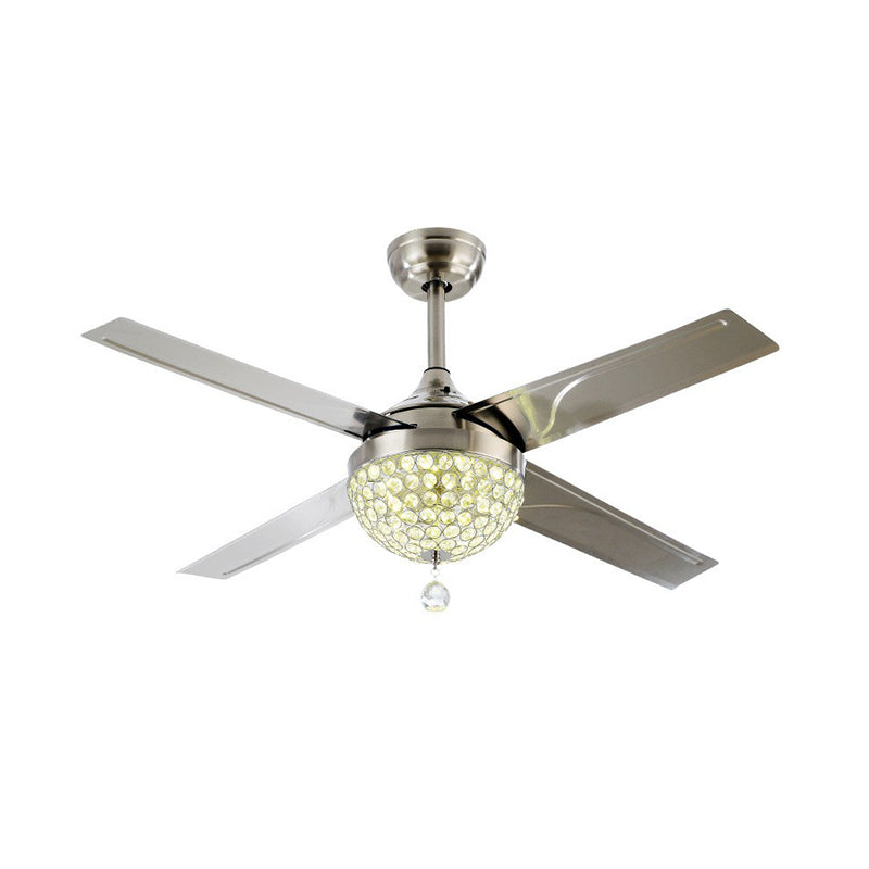 48" Wide LED Crystal Pendant Fan Lamp Rustic Nickel Domed Living Room Semi Flush Light with 4 Blades Clearhalo 'Ceiling Fans with Lights' 'Ceiling Fans' Lighting' 1984377