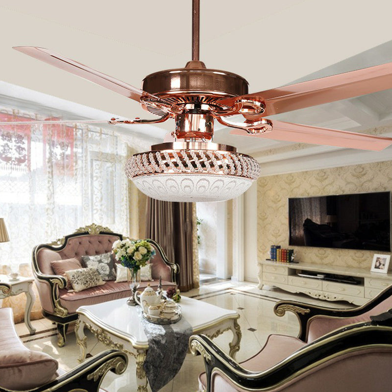 3 Heads Hanging Fan Lamp Vintage Living Room Semi-Flush Ceiling Light with Bowl Frosted Glass Shade Gold 42