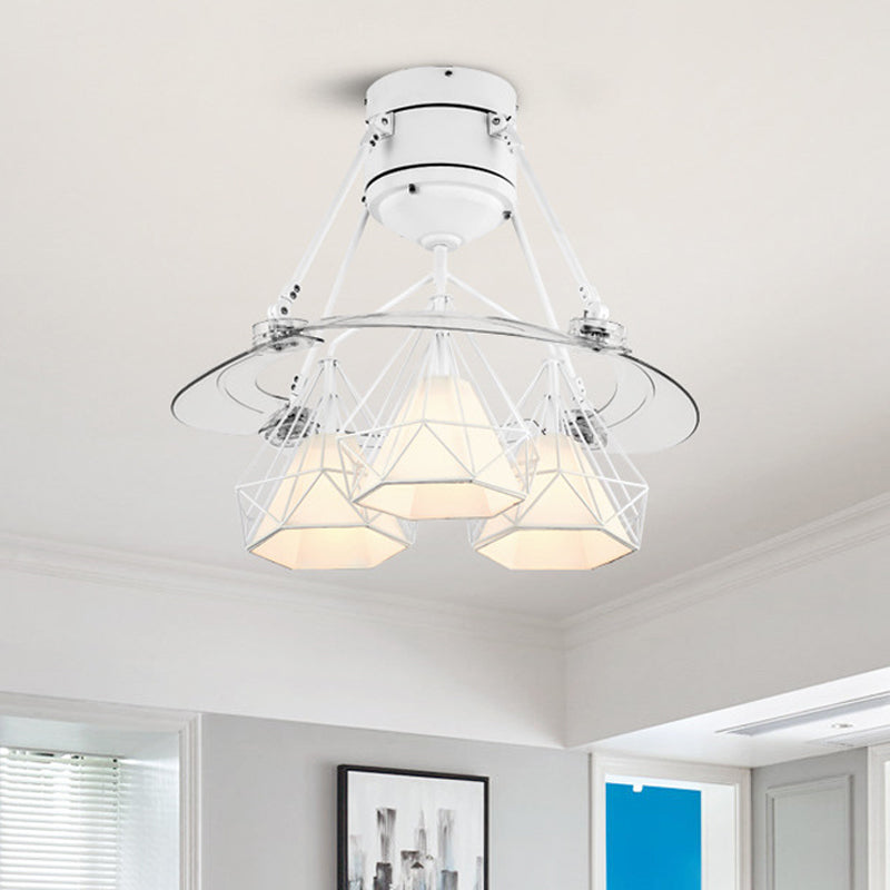 Geometric Metallic Semi Flush Mount Lighting Contemporary White Pendant Fan Lamp, 48
