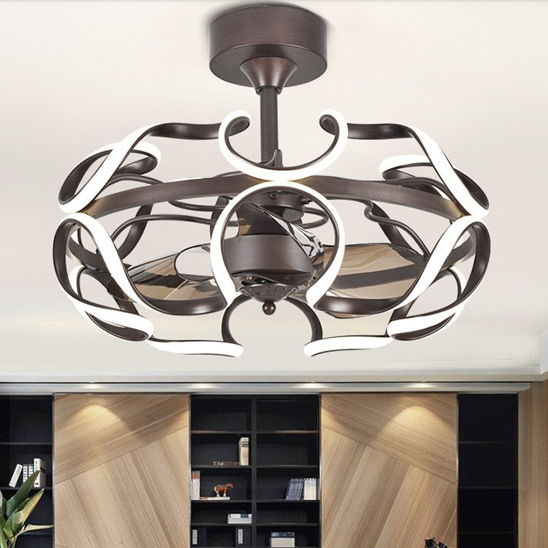 3-Blade Metal Geometry Semi Flush Mount Modernism 26" Wide LED Brown Ceiling Fan Light Fixture Brown E Clearhalo 'Ceiling Fans with Lights' 'Ceiling Fans' 'Modern Ceiling Fans' 'Modern' Lighting' 1984420