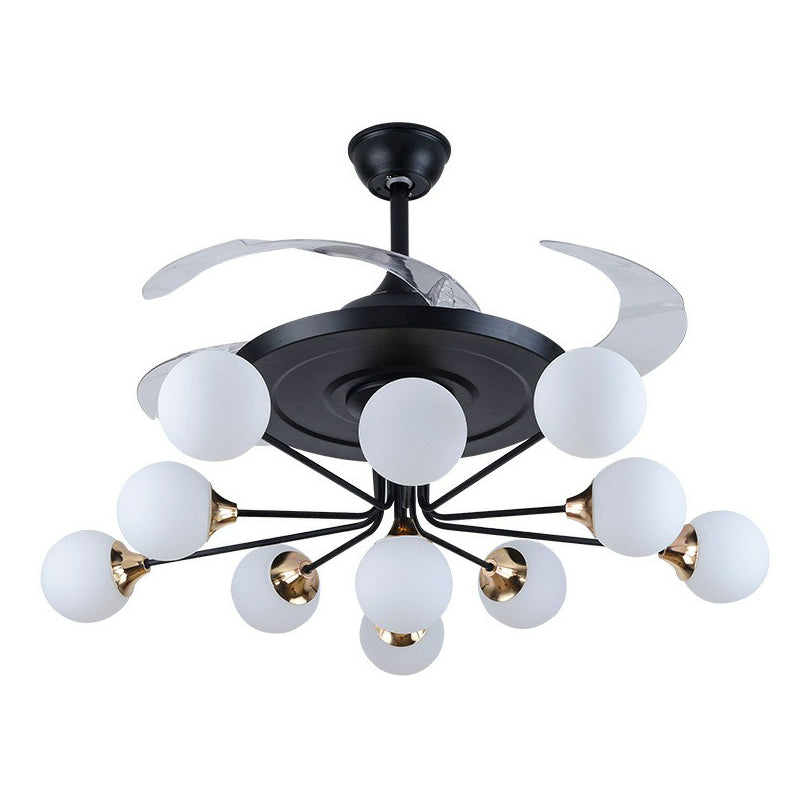 42" Wide Simple 11-Bulb Ceiling Fan Light Black Orb Semi Flush Lamp Fixture with Opal Glass Shade with 4 Blades Clearhalo 'Ceiling Fans with Lights' 'Ceiling Fans' 'Modern Ceiling Fans' 'Modern' Lighting' 1984488