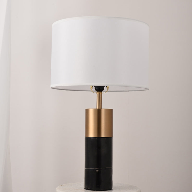 Drum Bedside Table Lighting Fabric 1 Head Postmodern Night Stand Lamp with Marble Pedestal in Black/White/Grey Clearhalo 'Lamps' 'Table Lamps' Lighting' 1984589