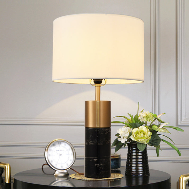 Drum Bedside Table Lighting Fabric 1 Head Postmodern Night Stand Lamp with Marble Pedestal in Black/White/Grey Black Clearhalo 'Lamps' 'Table Lamps' Lighting' 1984596