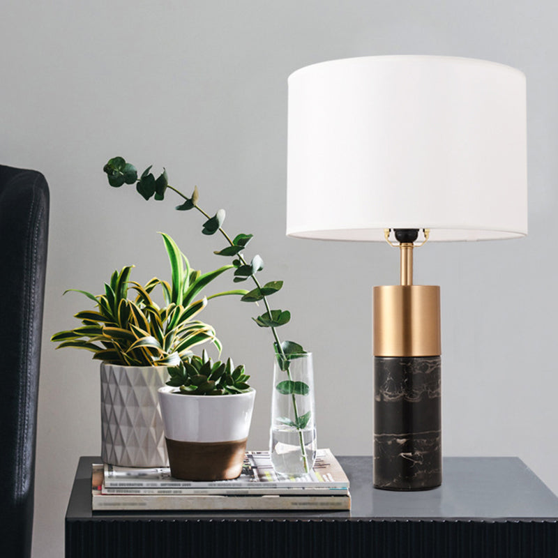 Drum Bedside Table Lighting Fabric 1 Head Postmodern Night Stand Lamp with Marble Pedestal in Black/White/Grey Clearhalo 'Lamps' 'Table Lamps' Lighting' 1984597
