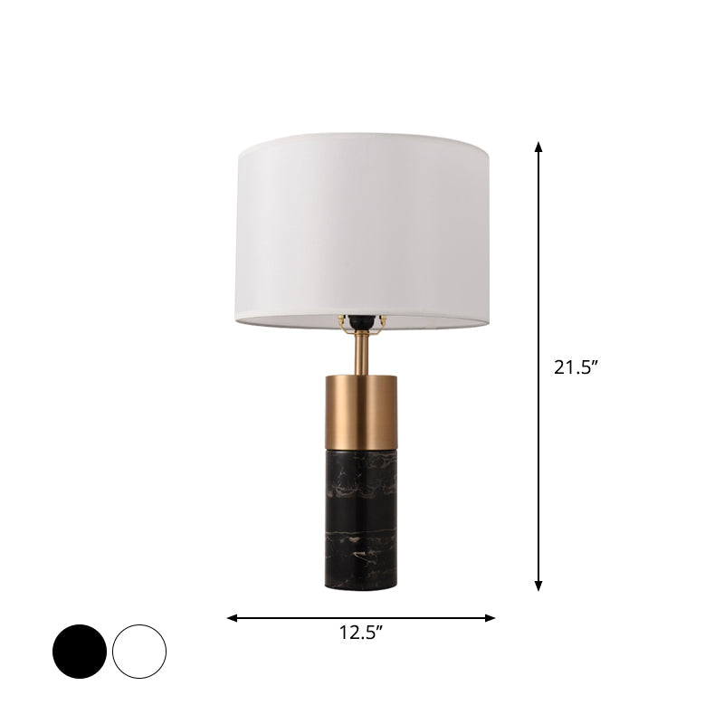Drum Bedside Table Lighting Fabric 1 Head Postmodern Night Stand Lamp with Marble Pedestal in Black/White/Grey Clearhalo 'Lamps' 'Table Lamps' Lighting' 1984600