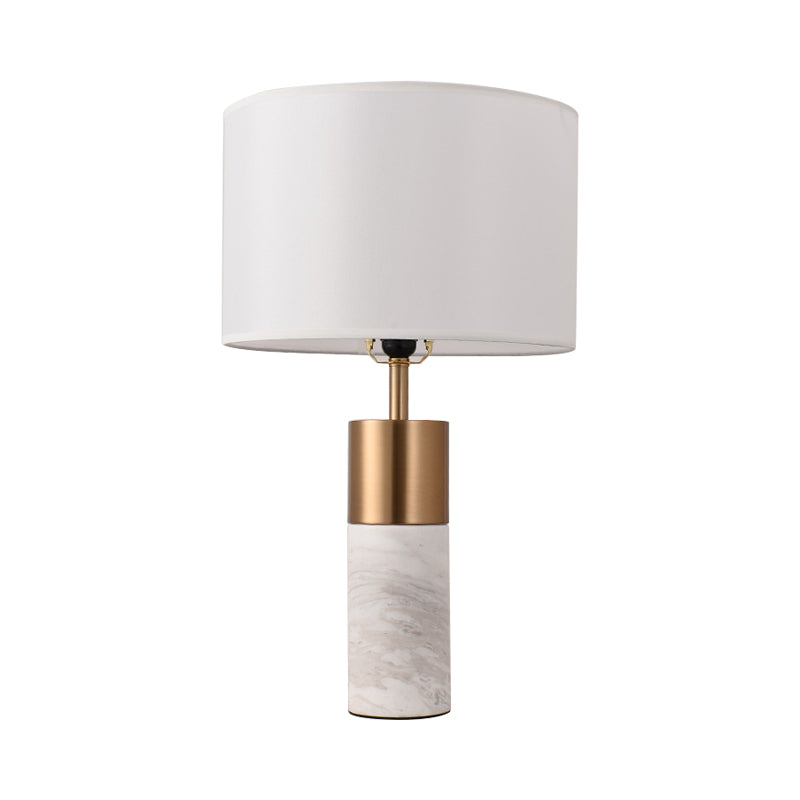 Drum Bedside Table Lighting Fabric 1 Head Postmodern Night Stand Lamp with Marble Pedestal in Black/White/Grey Clearhalo 'Lamps' 'Table Lamps' Lighting' 1984603