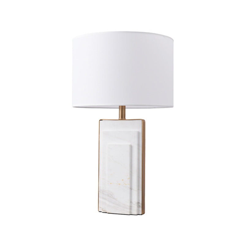 Minimalist Cylindrical Night Lamp Fabric Single Bedside Table Light with Marble Stand in Black/White/Ivory Clearhalo 'Lamps' 'Table Lamps' Lighting' 1984684