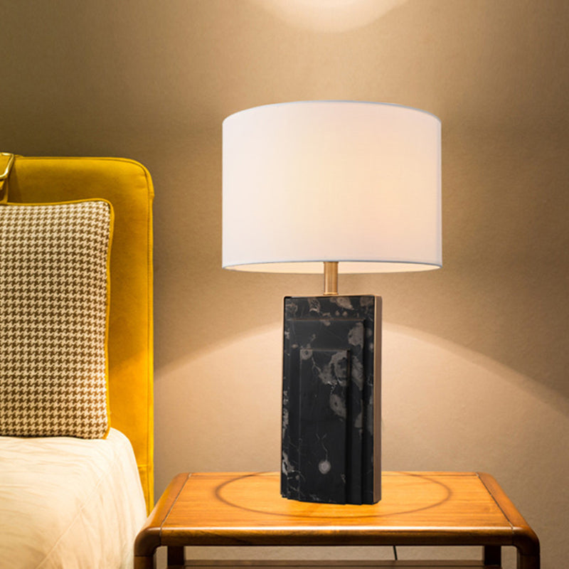 Minimalist Cylindrical Night Lamp Fabric Single Bedside Table Light with Marble Stand in Black/White/Ivory Clearhalo 'Lamps' 'Table Lamps' Lighting' 1984687