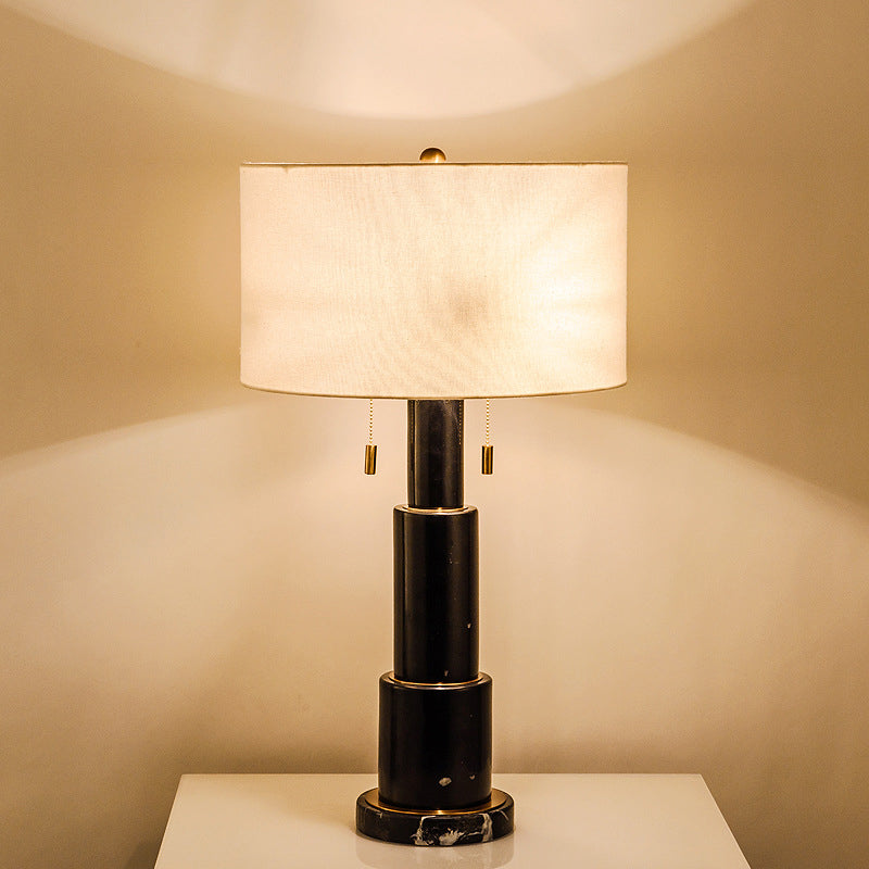 3-Tier Column Marble Night Lamp Minimalist 1 Bulb Black/White Pull-Chain Table Light with Drum Fabric Shade Clearhalo 'Lamps' 'Table Lamps' Lighting' 1984717