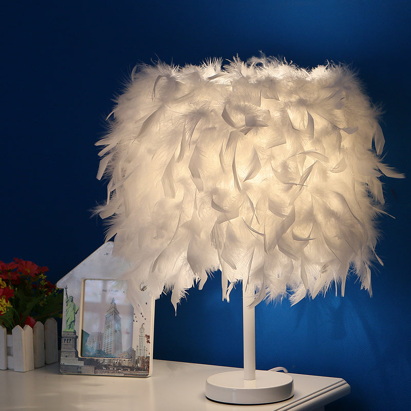 10"/14" Wide Cylinder Shaped Night Light Modern Feather 1 Head Bedside Table Lamp in Pink/White/Purple Clearhalo 'Lamps' 'Table Lamps' Lighting' 1984874