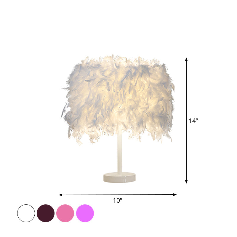10"/14" Wide Cylinder Shaped Night Light Modern Feather 1 Head Bedside Table Lamp in Pink/White/Purple Clearhalo 'Lamps' 'Table Lamps' Lighting' 1984875