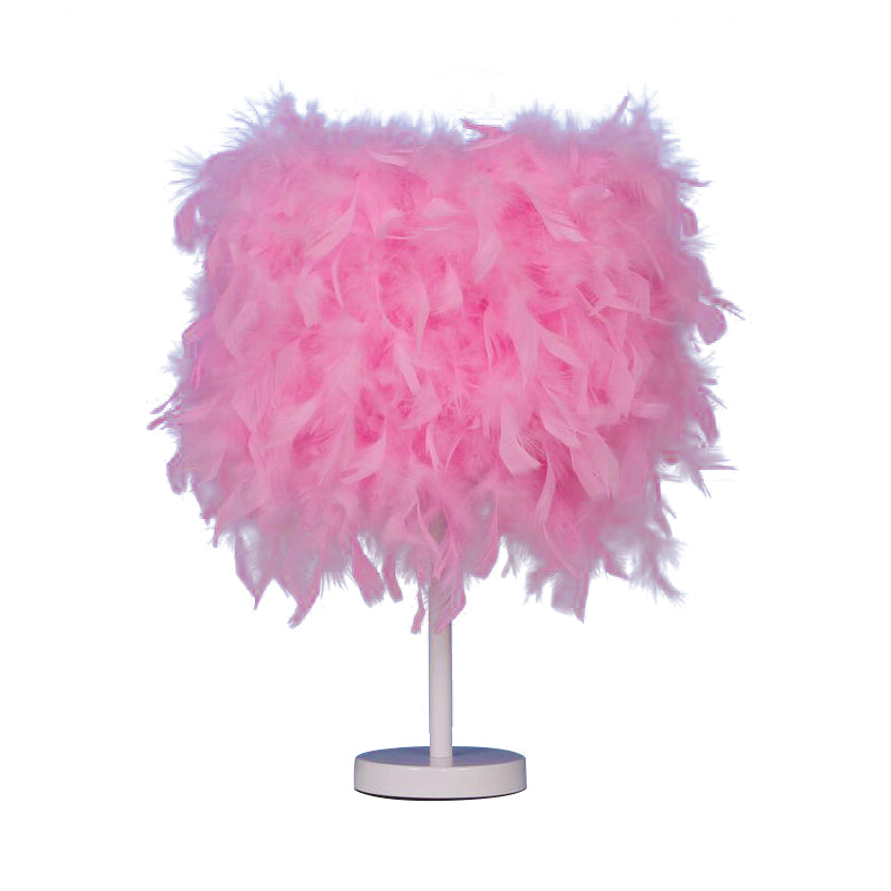 10"/14" Wide Cylinder Shaped Night Light Modern Feather 1 Head Bedside Table Lamp in Pink/White/Purple Clearhalo 'Lamps' 'Table Lamps' Lighting' 1984881