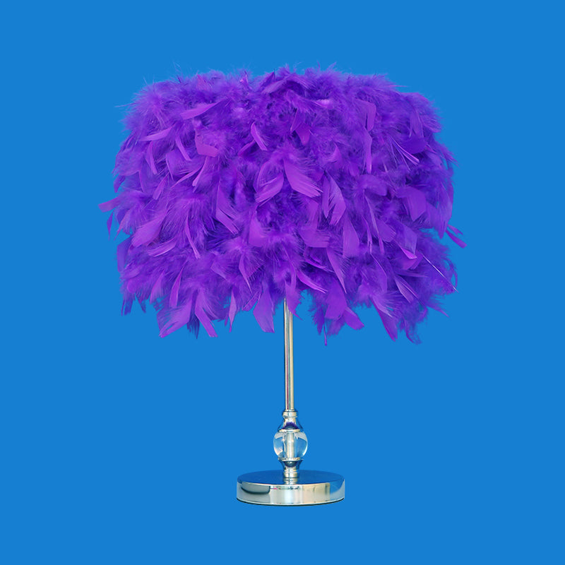 Simplicity Drum Night Lamp Feather 1-Light Bedroom Table Lighting in Pink/Red/Yellow with Crystal Decor Clearhalo 'Lamps' 'Table Lamps' Lighting' 1984913