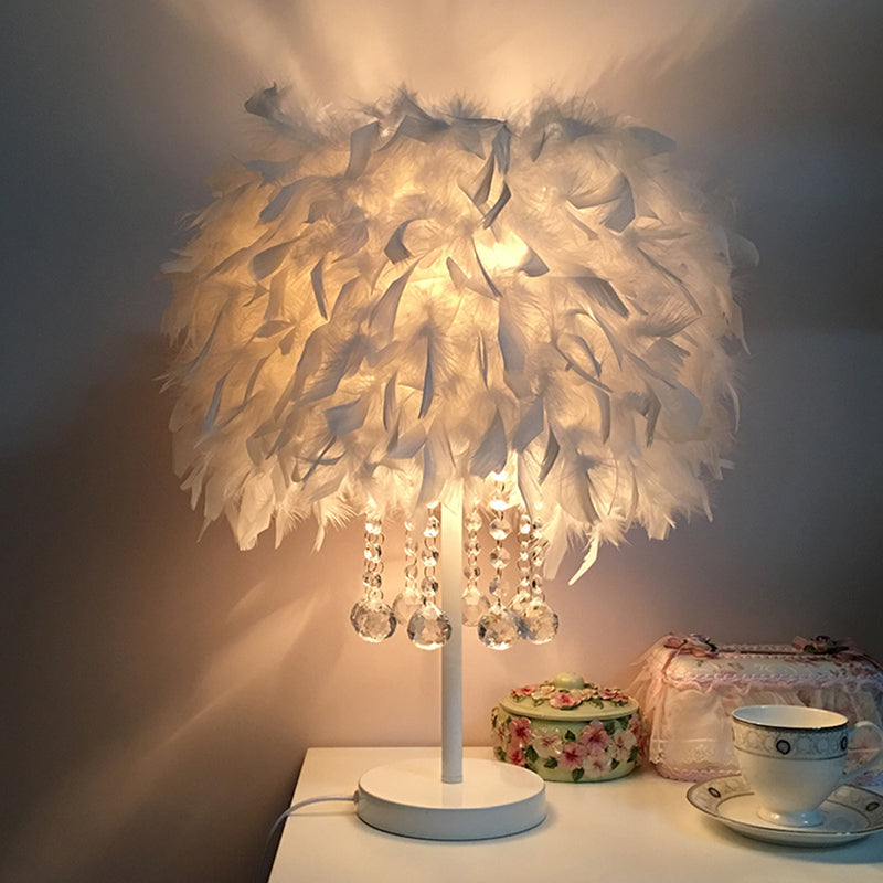 Feather Round Night Stand Lamp Contemporary 1-Bulb Red/Pink/Purple Table Light with Crystal Drop and White/Chrome Base Clearhalo 'Lamps' 'Table Lamps' Lighting' 1984968