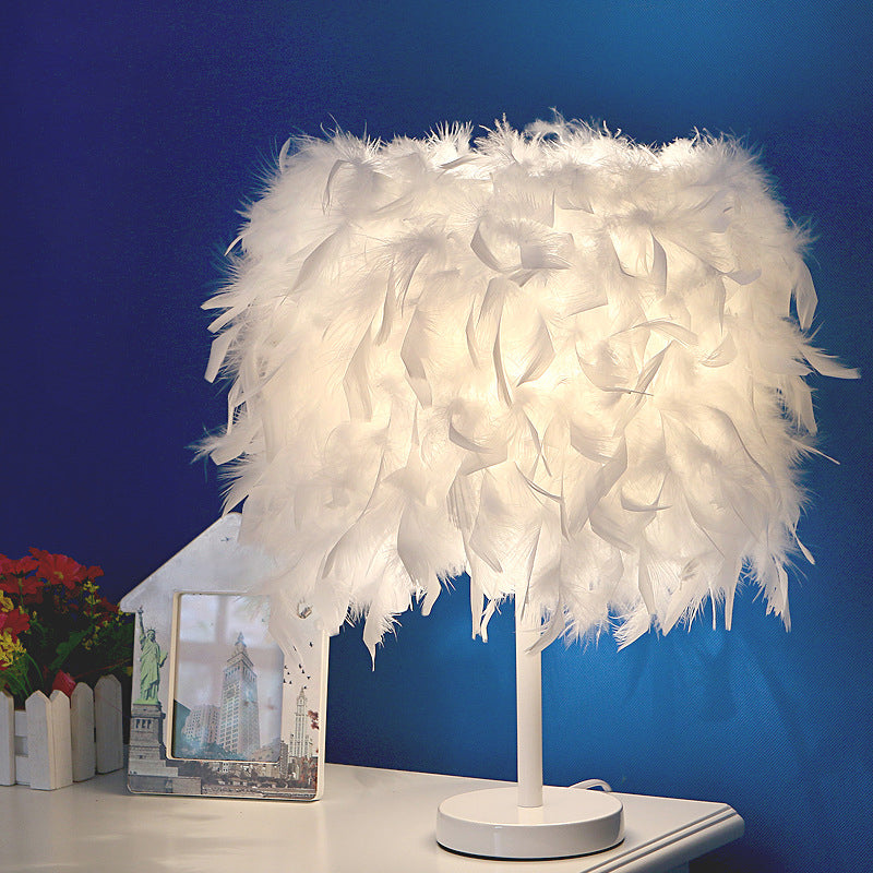 Cylinder Nightstand Lamp Nordic Feather 1 Bulb White/Chrome Table Light for Bedroom, 10"/14" Width White 14" Clearhalo 'Lamps' 'Table Lamps' Lighting' 1985014