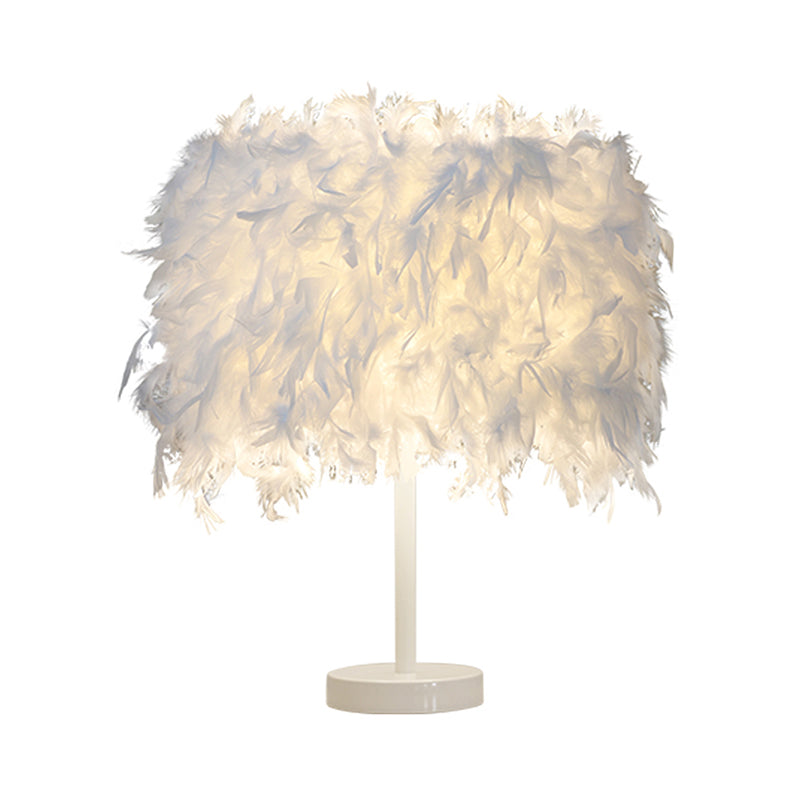 Cylinder Nightstand Lamp Nordic Feather 1 Bulb White/Chrome Table Light for Bedroom, 10"/14" Width Clearhalo 'Lamps' 'Table Lamps' Lighting' 1985016