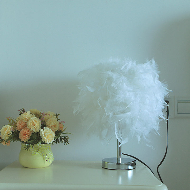Cylinder Nightstand Lamp Nordic Feather 1 Bulb White/Chrome Table Light for Bedroom, 10"/14" Width Chrome 10" Clearhalo 'Lamps' 'Table Lamps' Lighting' 1985018