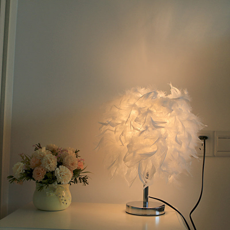 Cylinder Nightstand Lamp Nordic Feather 1 Bulb White/Chrome Table Light for Bedroom, 10"/14" Width Clearhalo 'Lamps' 'Table Lamps' Lighting' 1985019