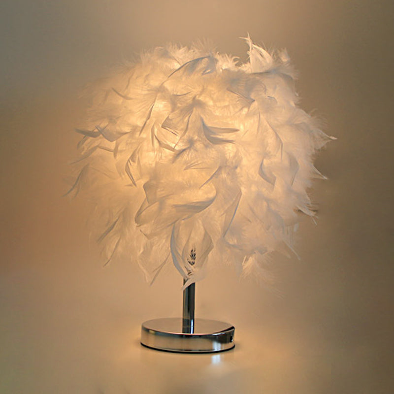 Cylinder Nightstand Lamp Nordic Feather 1 Bulb White/Chrome Table Light for Bedroom, 10"/14" Width Clearhalo 'Lamps' 'Table Lamps' Lighting' 1985020