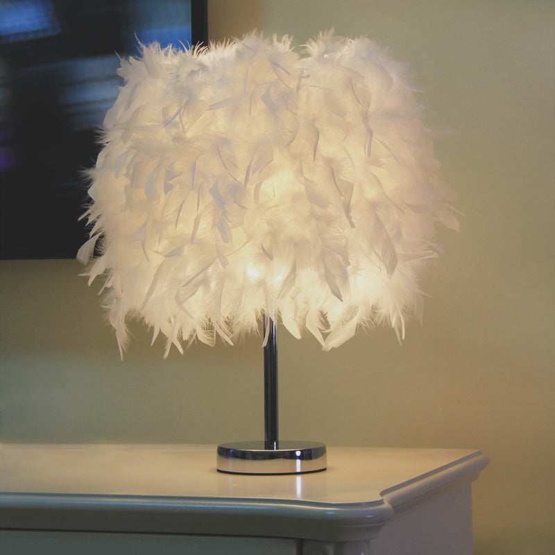 Cylinder Nightstand Lamp Nordic Feather 1 Bulb White/Chrome Table Light for Bedroom, 10"/14" Width Chrome 14" Clearhalo 'Lamps' 'Table Lamps' Lighting' 1985021
