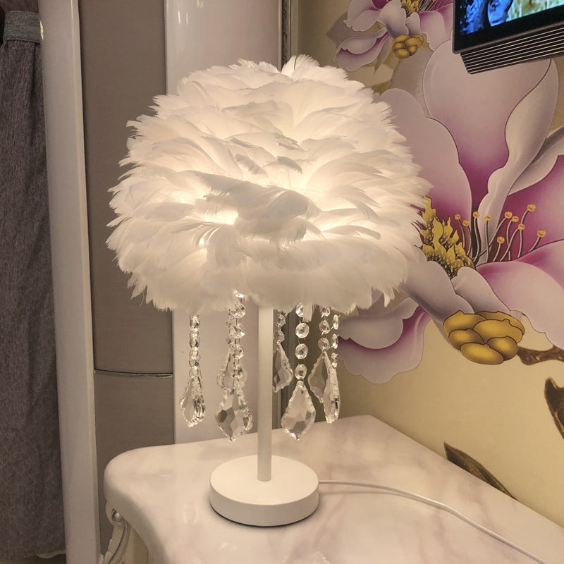 Hemisphere Feather Table Lamp Modern Single-Bulb Grey/White/Pink Night Light with Crystal Ball/Drop White A Clearhalo 'Lamps' 'Table Lamps' Lighting' 1985082