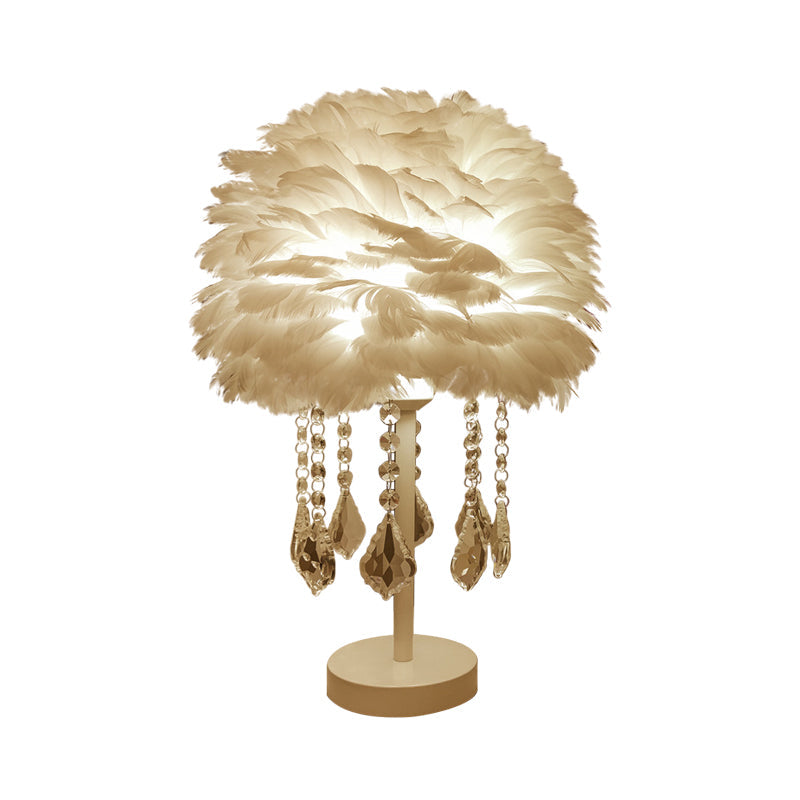 Hemisphere Feather Table Lamp Modern Single-Bulb Grey/White/Pink Night Light with Crystal Ball/Drop Clearhalo 'Lamps' 'Table Lamps' Lighting' 1985085