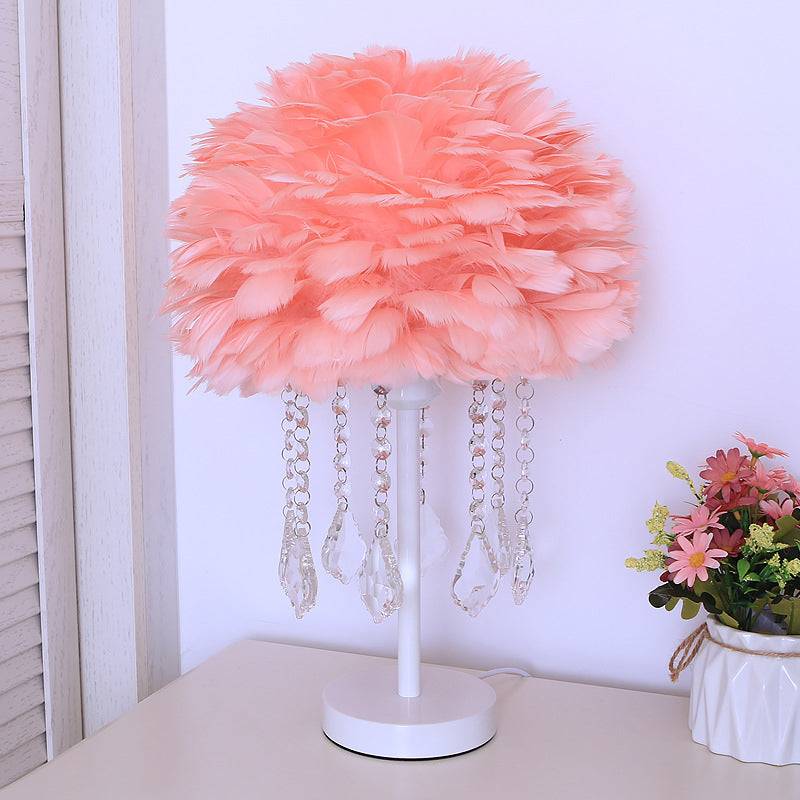 Hemisphere Feather Table Lamp Modern Single-Bulb Grey/White/Pink Night Light with Crystal Ball/Drop Apricot A Clearhalo 'Lamps' 'Table Lamps' Lighting' 1985087