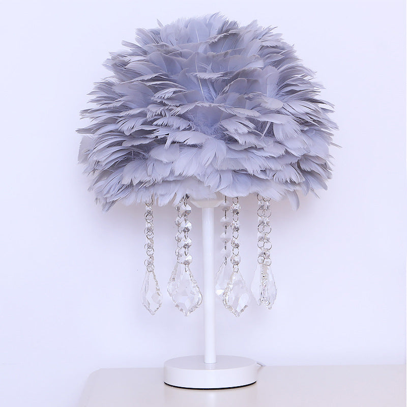 Hemisphere Feather Table Lamp Modern Single-Bulb Grey/White/Pink Night Light with Crystal Ball/Drop Grey A Clearhalo 'Lamps' 'Table Lamps' Lighting' 1985089