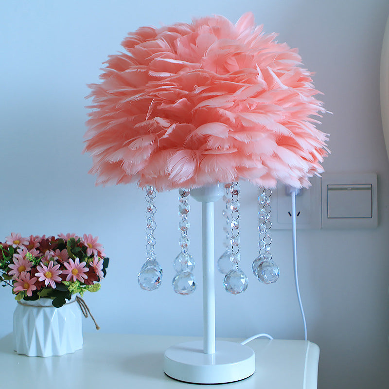 Hemisphere Feather Table Lamp Modern Single-Bulb Grey/White/Pink Night Light with Crystal Ball/Drop Apricot B Clearhalo 'Lamps' 'Table Lamps' Lighting' 1985097
