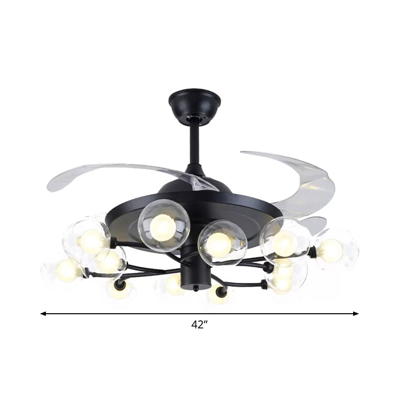 4-Blade Clear Glass Orb Semi Flush Mount Modernity 42" Wide 12 Heads Pendant Fan Lamp in Black Clearhalo 'Ceiling Fans with Lights' 'Ceiling Fans' 'Modern Ceiling Fans' 'Modern' Lighting' 1985633