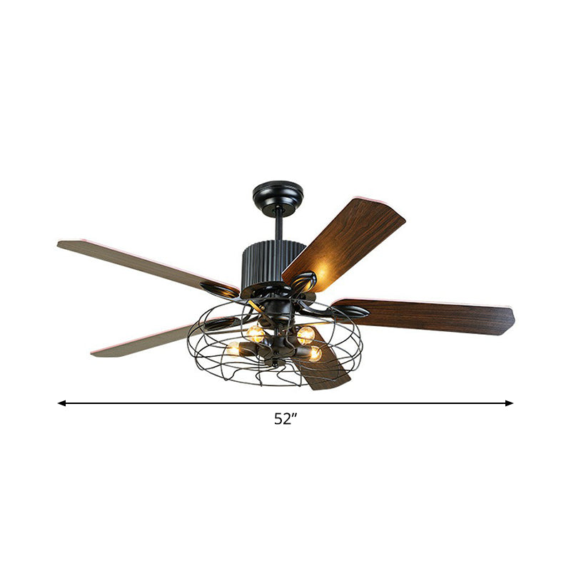 Drum Caged Metal Semi Flush Mount Industrial 52" Wide 5-Bulb Dining Room Pendant Fan Light in Black, 52" Wide Clearhalo 'Ceiling Fans with Lights' 'Ceiling Fans' 'Industrial Ceiling Fans' 'Industrial' Lighting' 1985675