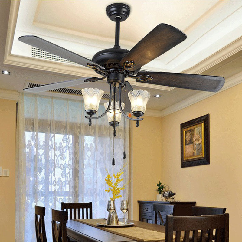 5-Blade 3 Lights Semi Flush Traditional Tapered Metallic Hanging Fan Light Fixture in Black, 52" Wide Black A Clearhalo 'Ceiling Fans with Lights' 'Ceiling Fans' Lighting' 1985688